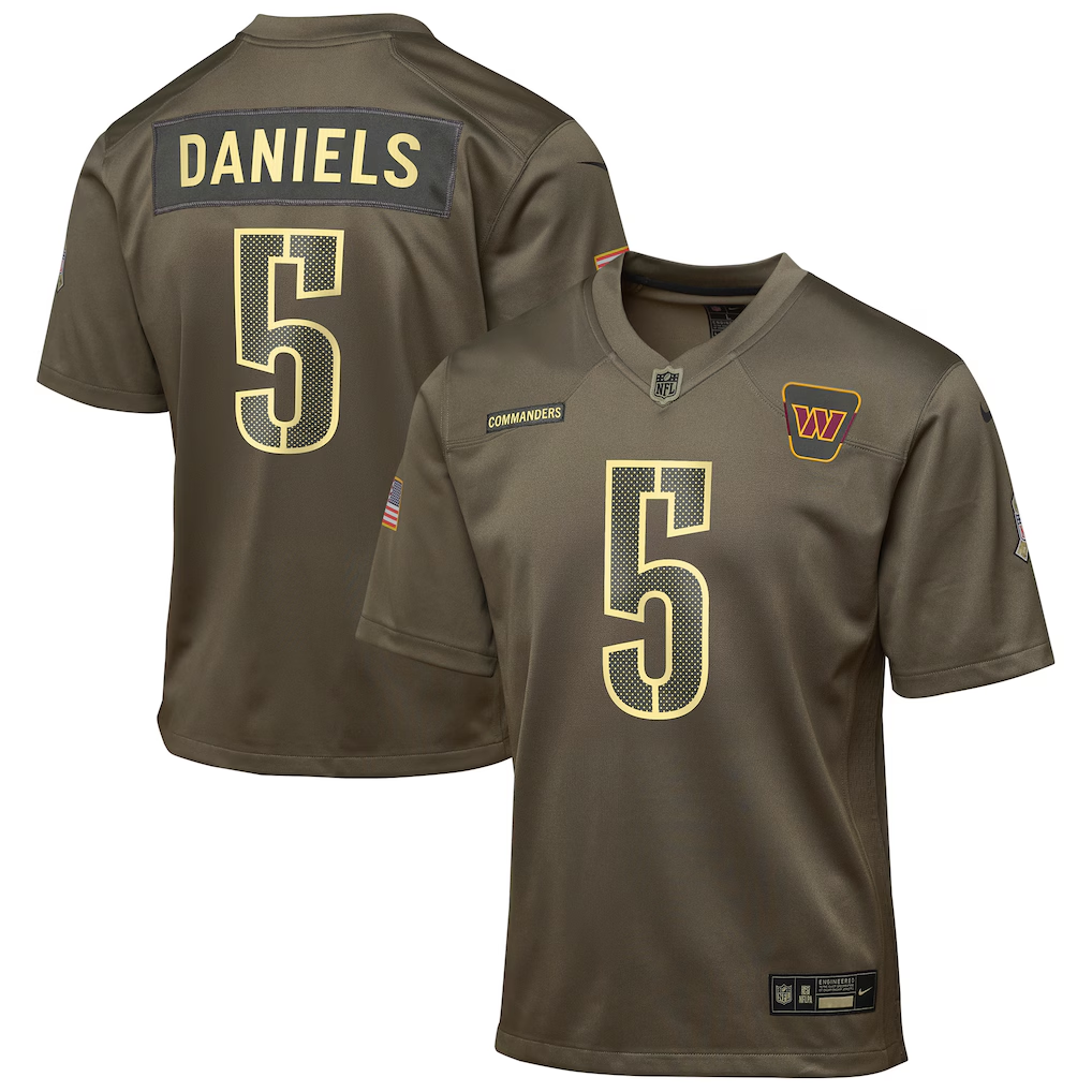 Youth Washington Commanders Jayden Daniels Nike Olive 2025 Salute to Service Game Jersey football jersey product view 1