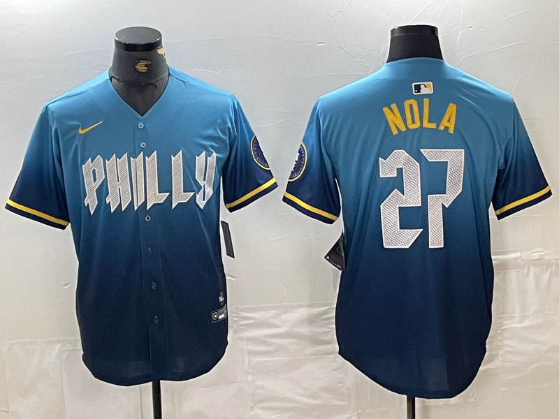 Men's Philadelphia Phillies Aaron Nola #27 Blue 2024 City Connect Limited Player Jersey1 baseball jersey product view 1