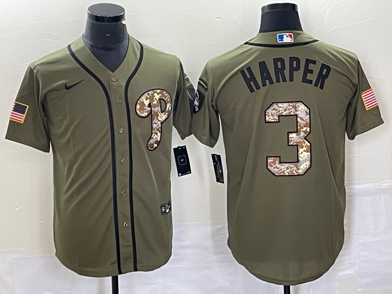 Men's Philadelphia Phillies Bryce Harper #3 Army Green Replica Player Jersey1 baseball jersey product view 1