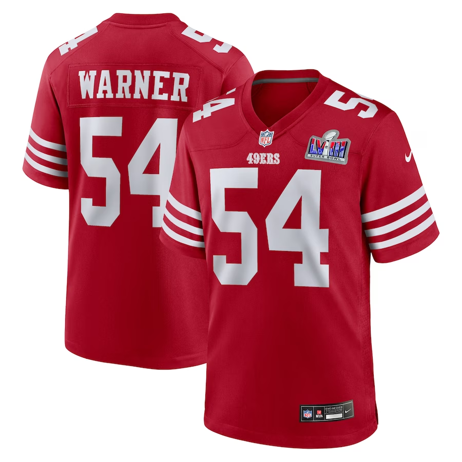 Men's San Francisco 49ers Fred Warner #54 Scarlet Super Bowl LVIII Game Jersey1 football jersey product view 1