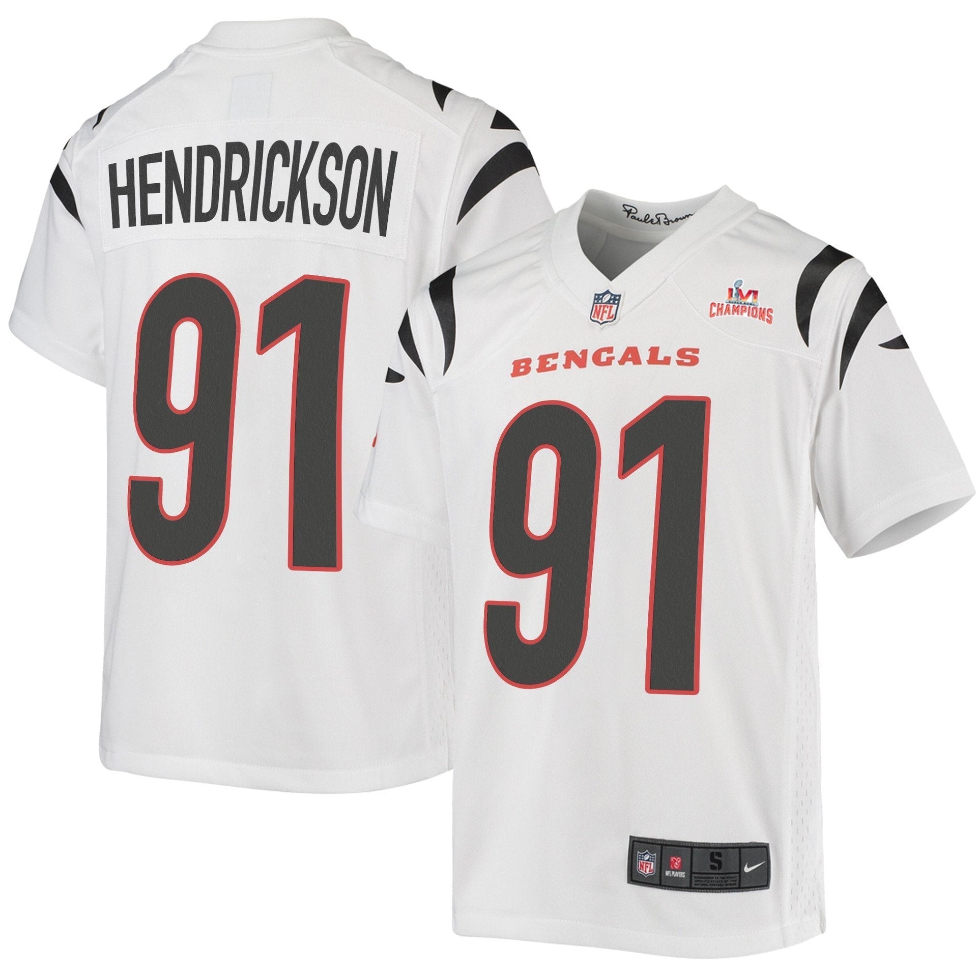 Super Bowl LVI Champions Cincinnati Bengals Trey Hendrickson 91 White Youth's Jersey Jersey football jersey product view 1