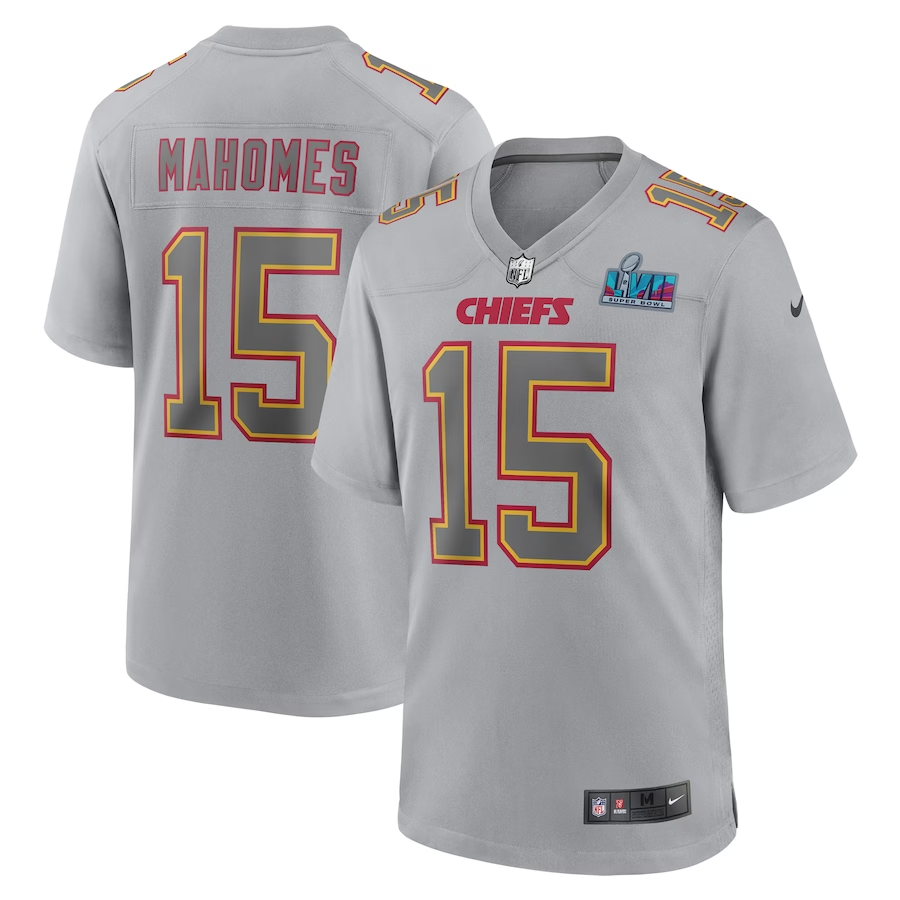 Men's Kansas City Chiefs Patrick Mahomes #15 Gray Super Bowl LVII Patch Atmosphere Fashion Game Jersey1 football jersey product view 1