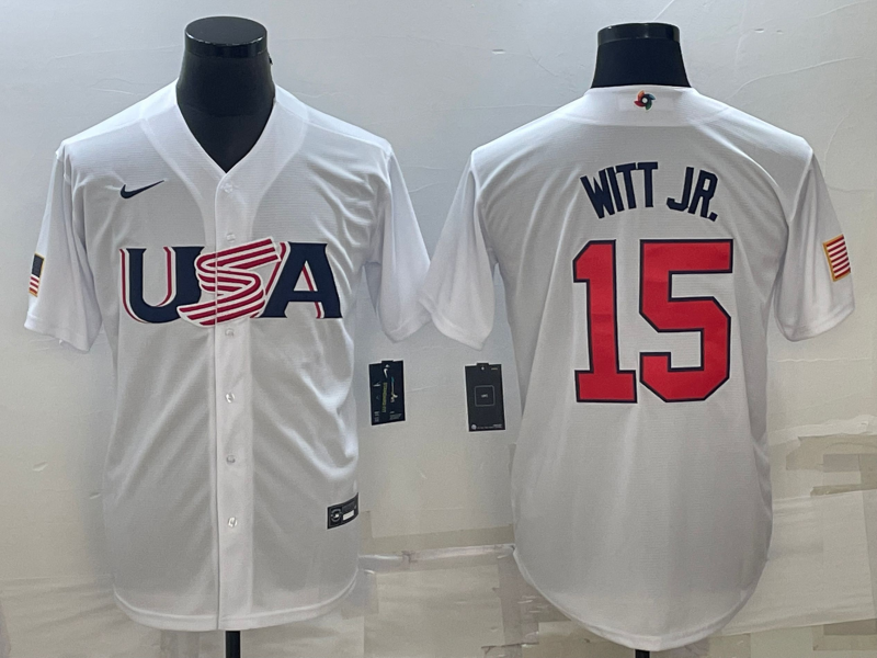Men's 2023 World Baseball Classic #15 Bobby Witt Jr. USA White Jersey1 baseball jersey product view 1