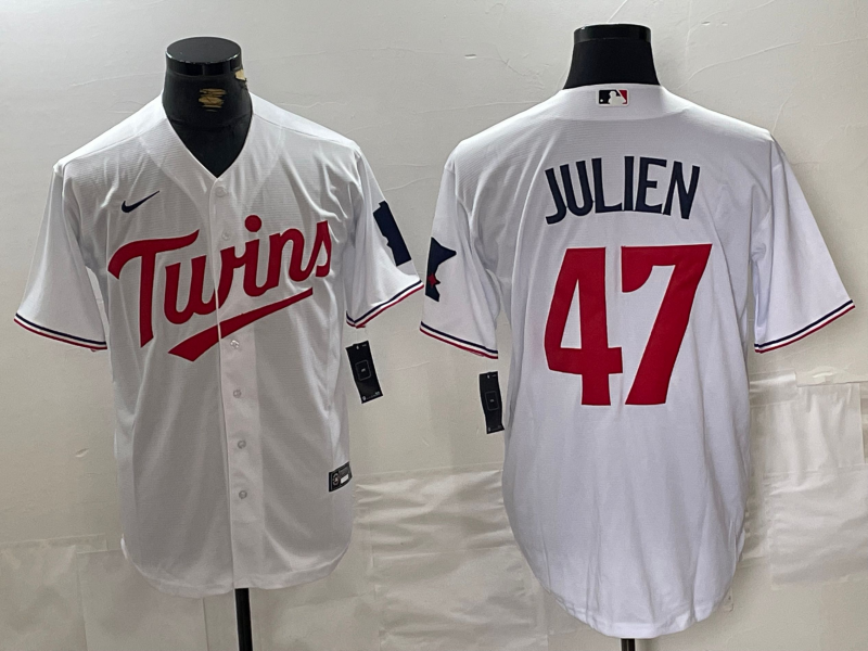 Men's Minnesota Twins Edouard Julien #47 White Home Replica Player Jersey1 baseball jersey product view 1