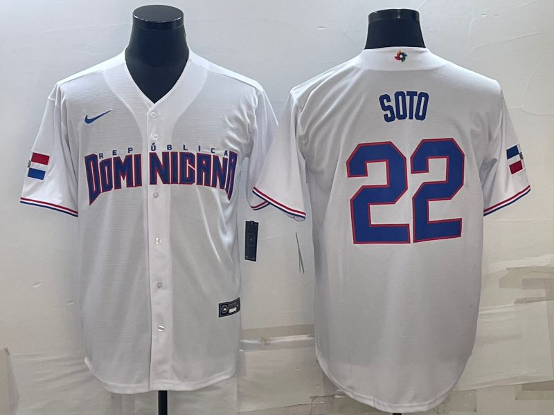 Men's 2023 World Baseball Classic #22 Juan Soto Dominican Republic White Jersey1 baseball jersey product view 1