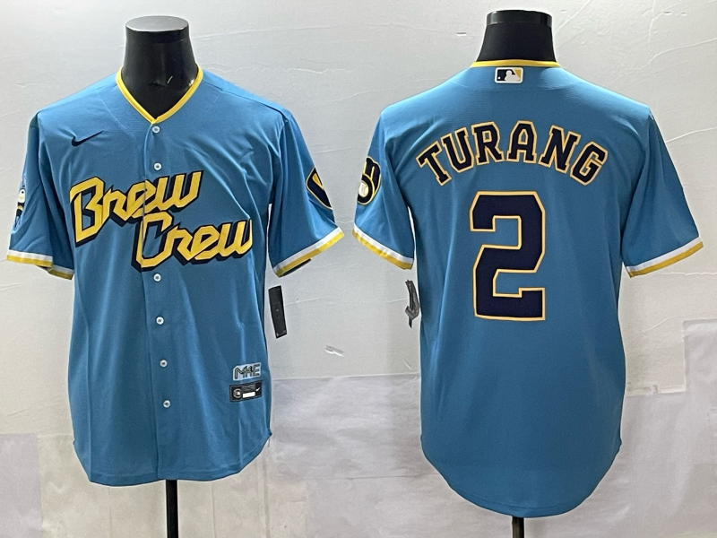 Men's Milwaukee Brewers Brice Turang #2 Powder Blue City Connect Replica Player Jersey baseball jersey product view 1
