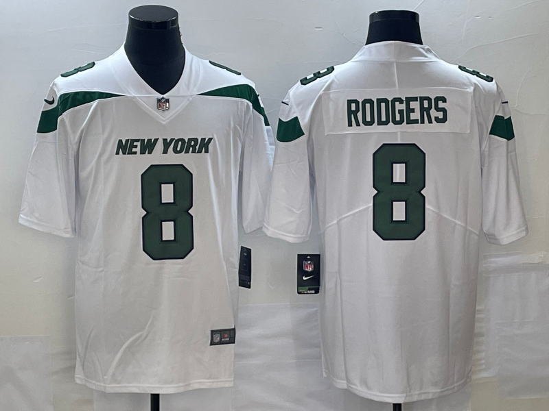 Men's New York Jets Aaron Rodgers #8 White Game Jersey1 football jersey product view 1
