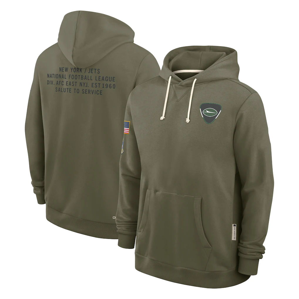 Men's New York Jets Olive 2025 Salute to Service Sideline Standard Issue Dri-FIT Hoodie football jersey product view 1