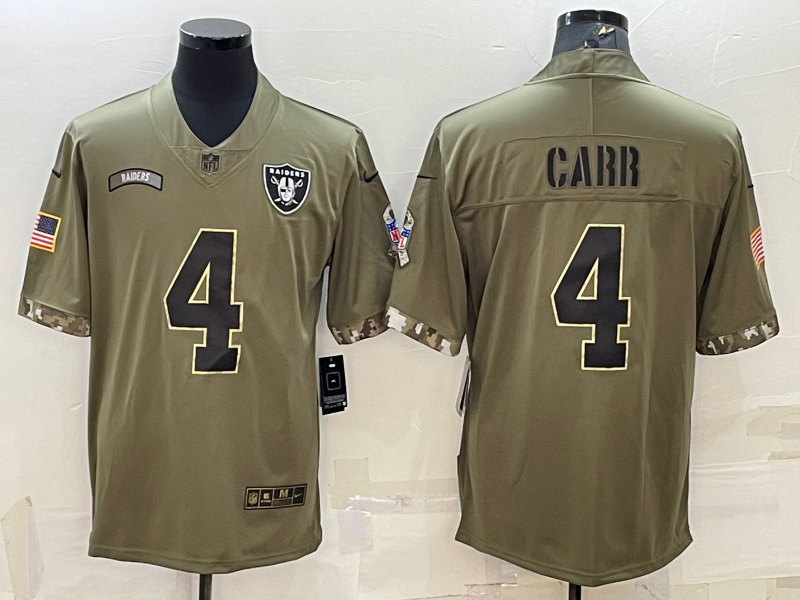 Men's Las Vegas Raiders Derek Carr #4 Olive 2022 Salute To Service Limited Jersey1 football jersey product view 1
