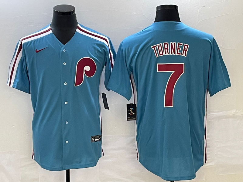 Men's Philadelphia Phillies Trea Turner #7 Blue Replica Player Jersey1 baseball jersey product view 1