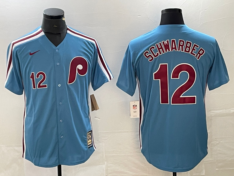 Men's Philadelphia Phillies Kyle Schwarber #12 Light Blue Cooperstown Collection Authentic Jersey1 baseball jersey product view 1