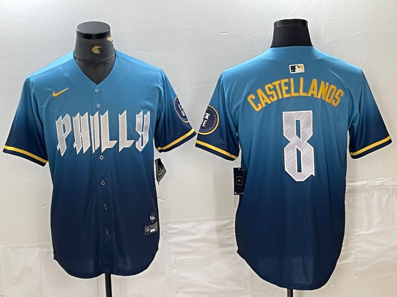 Men's Philadelphia Phillies Nick Castellanos #8 Blue 2024 City Connect Limited Player Jersey1 baseball jersey product view 1