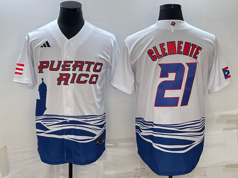 Men's 2023 World Baseball Classic #21 Roberto Clemente Puerto Rico White Jersey1 baseball jersey product view 1