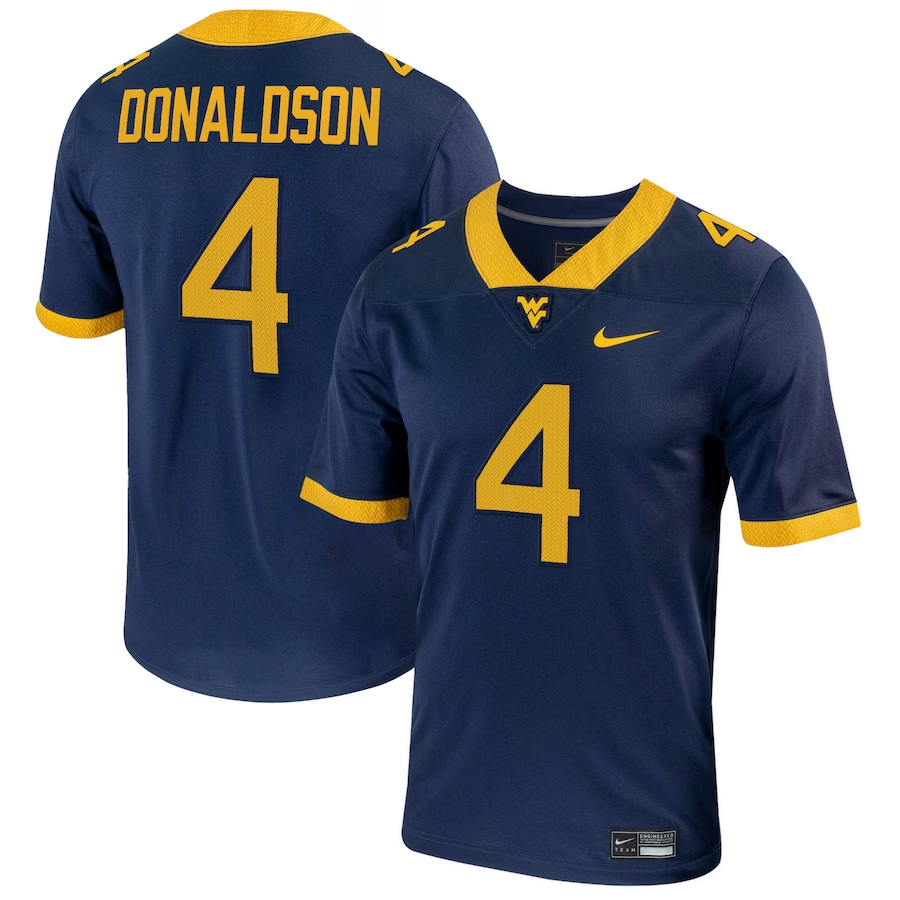 Men's West Virginia Mountaineers CJ Donaldson #4 Navy Player Game Jersey sports jersey product view 1