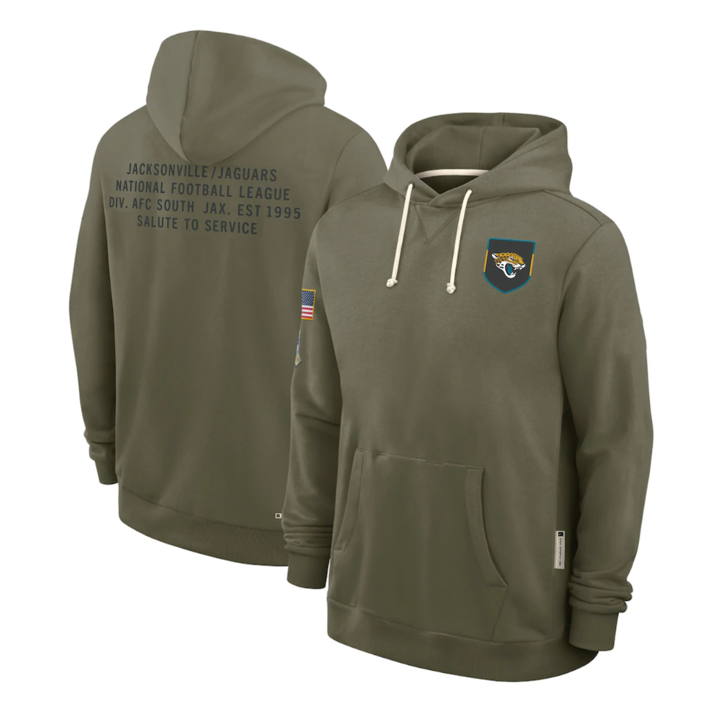 Men's Jacksonville Jaguars Olive 2025 Salute to Service Sideline Standard Issue Dri-FIT Hoodie football jersey product view 1