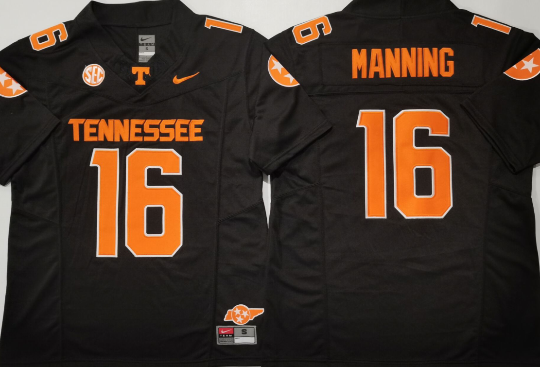 Men's Tennessee Volunteers Manning #16 Black Game Jersey sports jersey product view 1