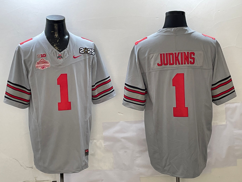 Men's Ohio State Buckeyes Quinshon Judkins #1 Gray 2025 CFP Final National Champions Patch F.U.S.E. Jersey sports jersey product view 1