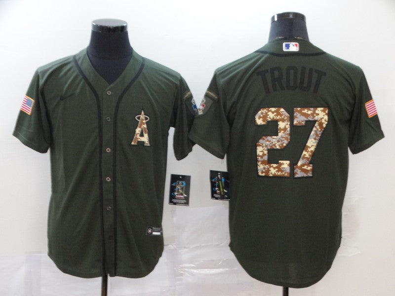 Men's Los Angeles Angels Mike Trout #27 Army Green Replica Player Jersey1 baseball jersey product view 1