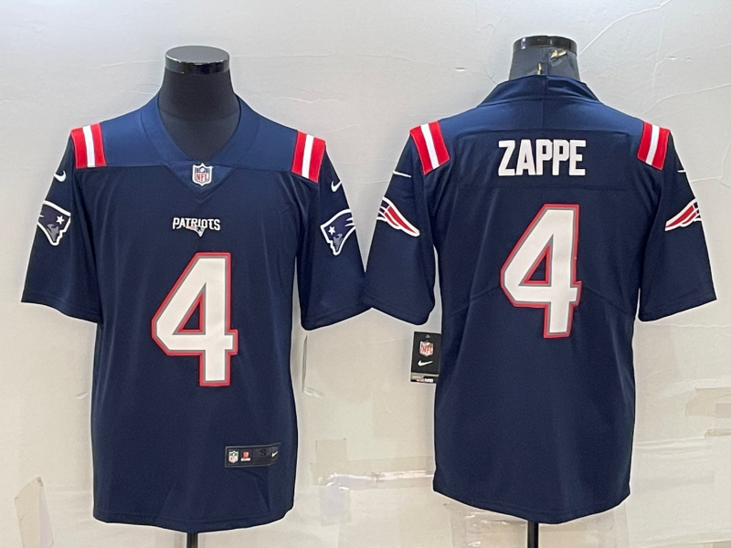 Men's New England Patriots Bailey Zappe #4 Navy Game Jersey1 football jersey product view 1