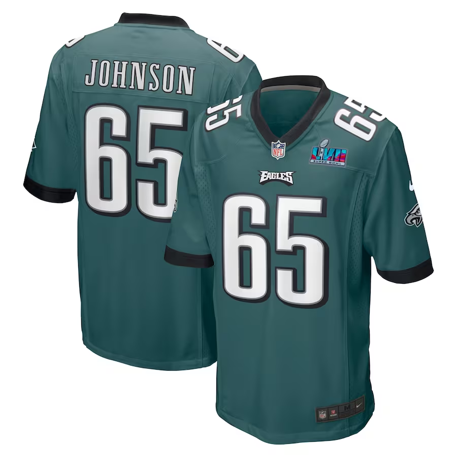 Men's Philadelphia Eagles Lane Johnson #65 Midnight Green Super Bowl LVII Patch Game Jersey1 football jersey product view 1