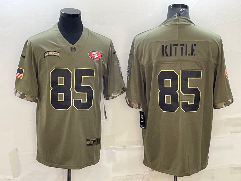 Men's San Francisco 49ers George Kittle #85 Olive 2022 Salute To Service Retired Player Limited Jersey1 football jersey product view 1