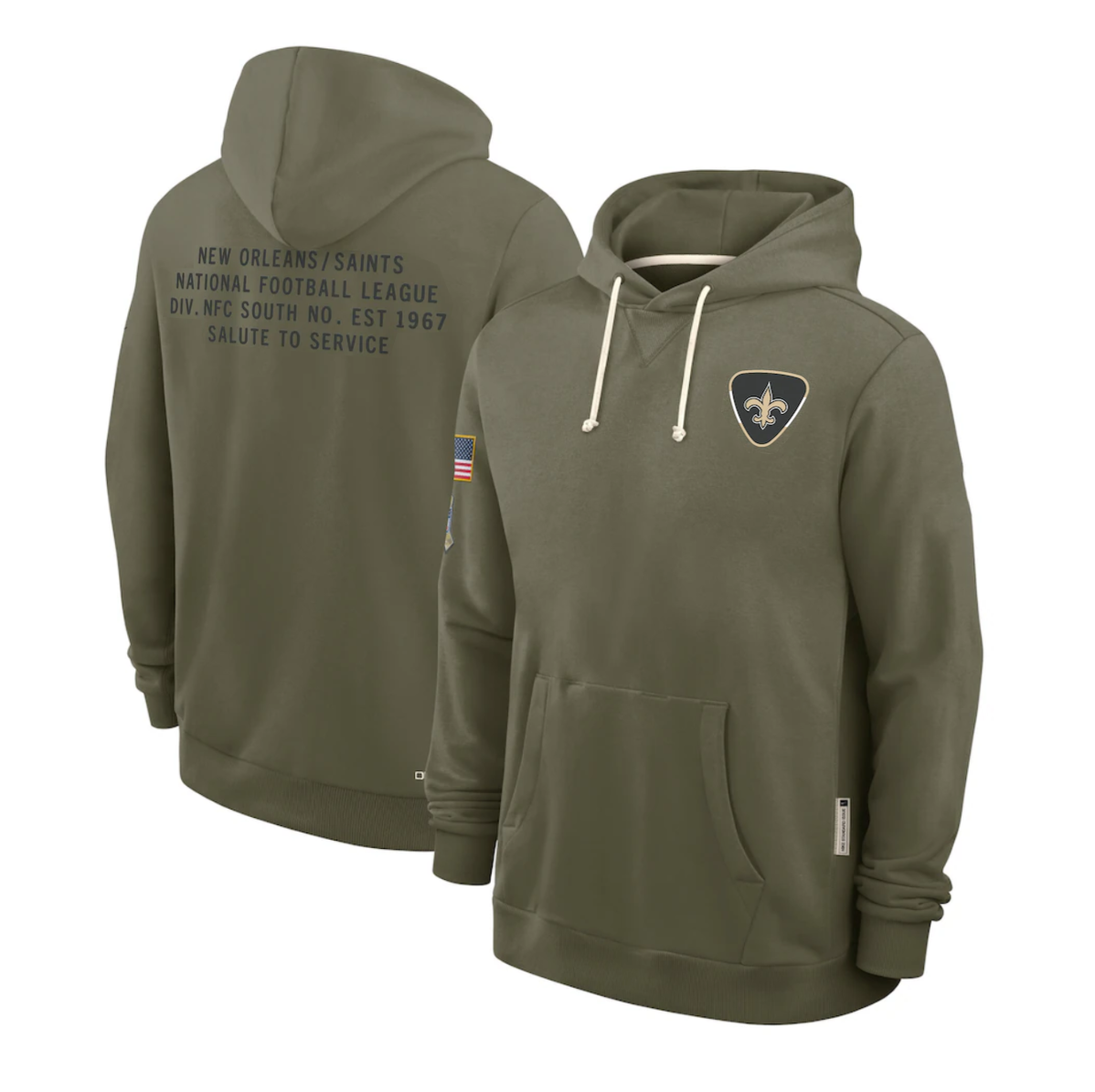 Men's New Orleans Saints Olive 2025 Salute to Service Sideline Standard Issue Dri-FIT Hoodie football jersey product view 1