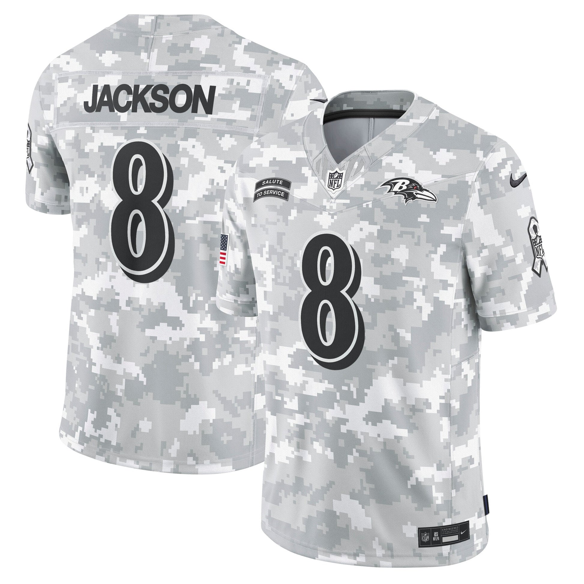 Lamar Jackson Baltimore Ravens Nike 2024 Salute to Service Limited Jersey - Arctic Camo football jersey product view 1