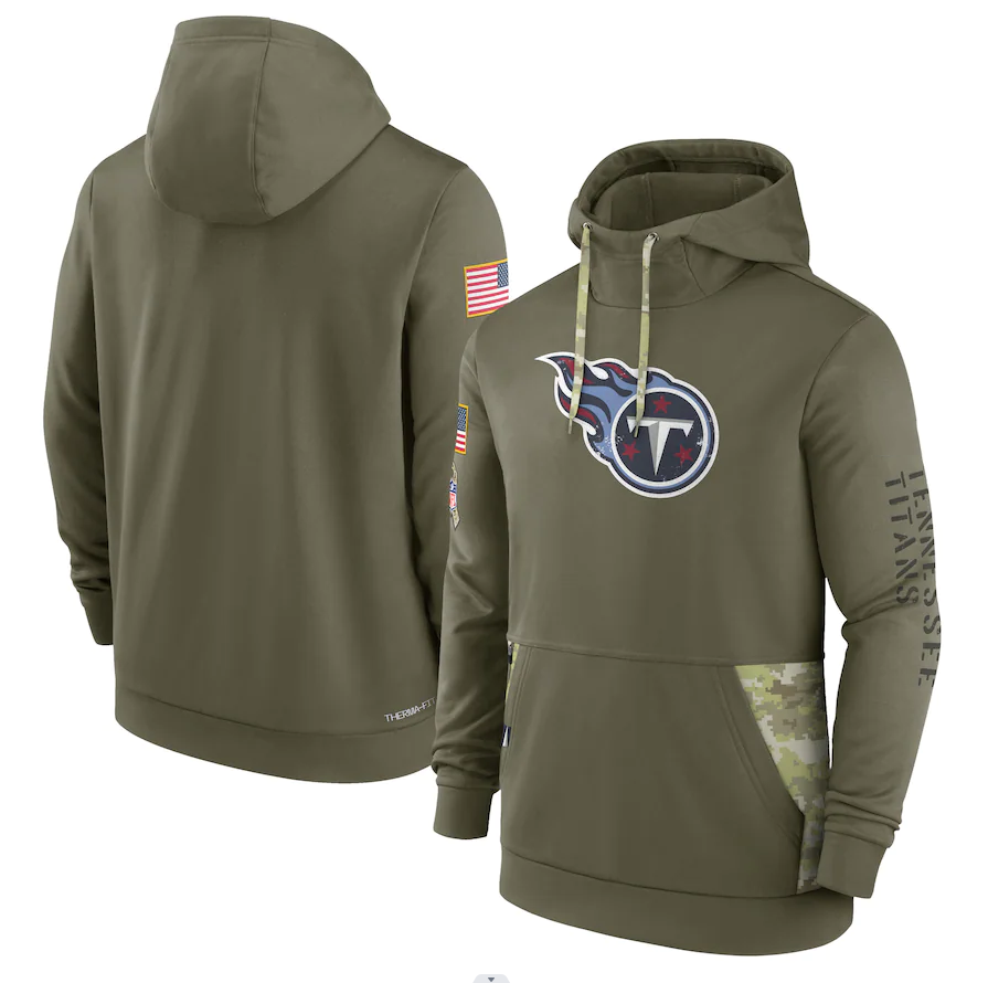 Men's Tennessee Titans Olive 2022 Salute to Service Therma Performance Pullover Hoodie1 football jersey product view 1
