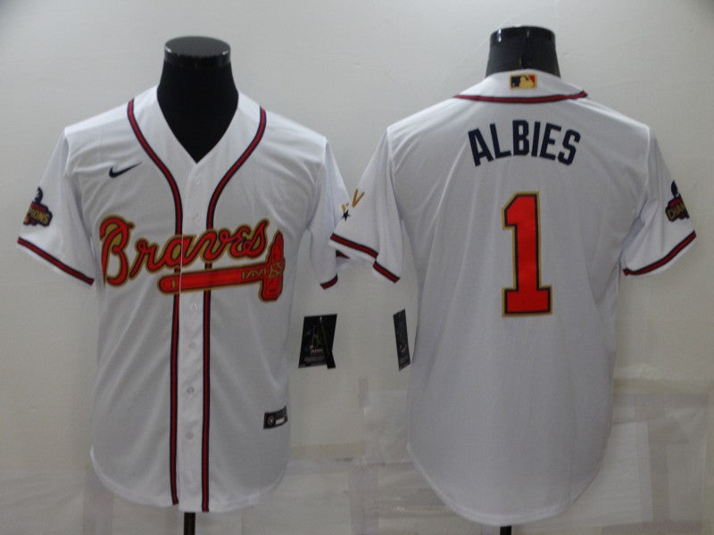 Men's Atlanta Braves Ozzie Albies #1 White Replica Game Jersey1 baseball jersey product view 1