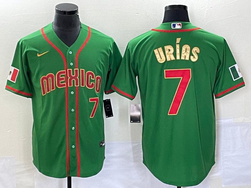 Men's 2023 World Baseball Classic #7 Julio Urias Mexico Jersey1 Green baseball jersey product view 1