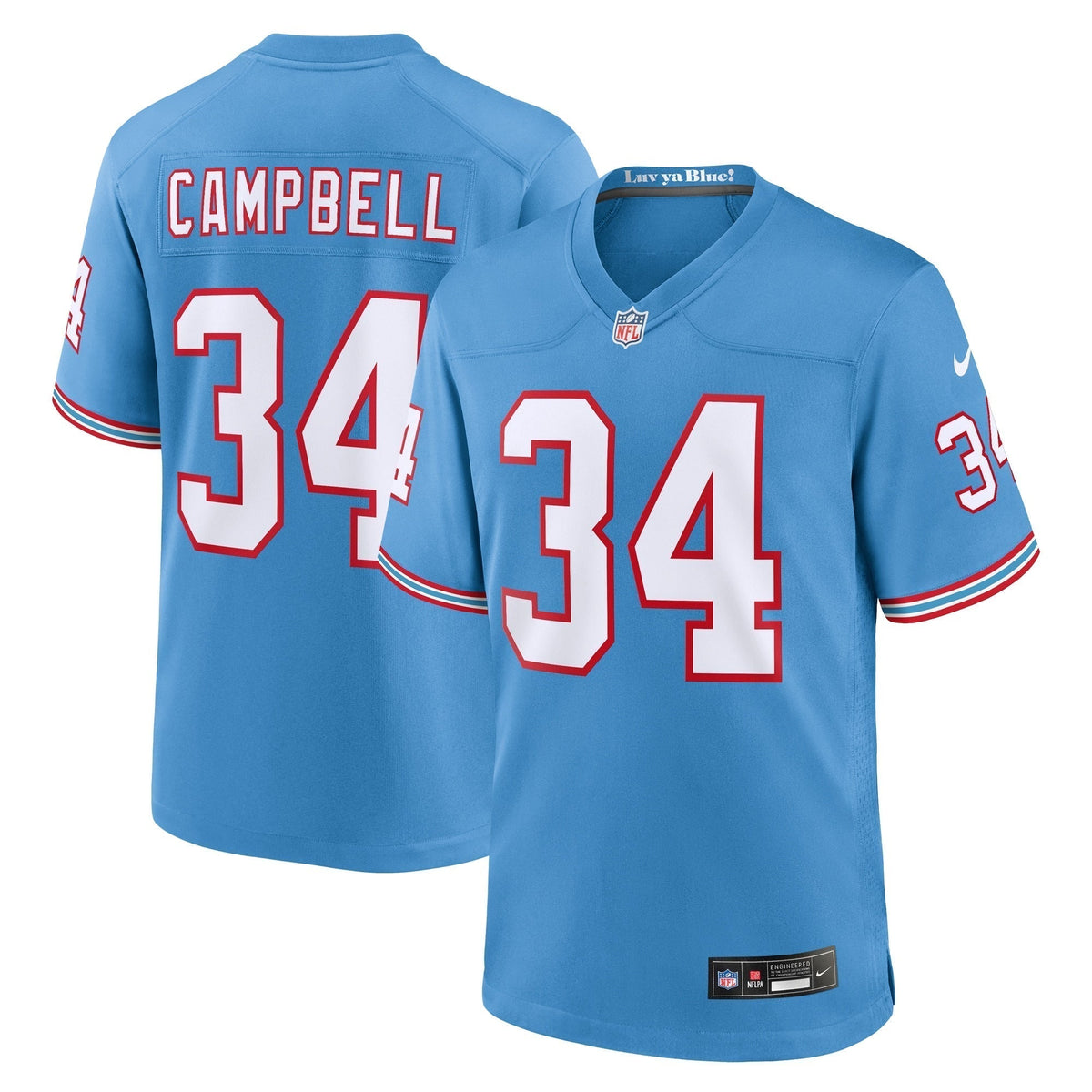 Earl Campbell Tennessee Titans Nike Oilers Throwback Retired Game Jersey - Light Blue football jersey product view 1
