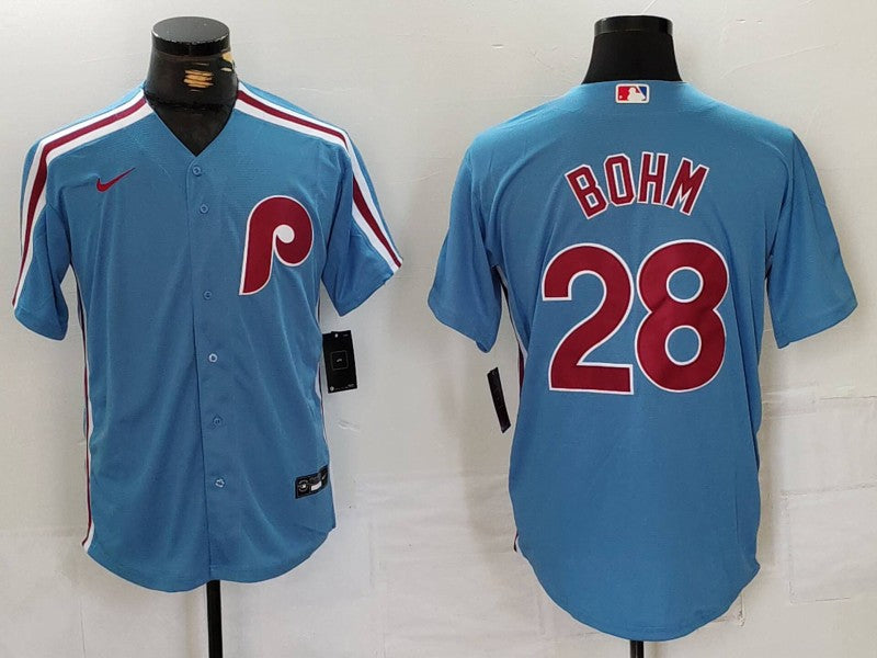 Men's Philadelphia Phillies Alec Bohm #28 Light Blue Alternate Limited Jersey1 baseball jersey product view 1