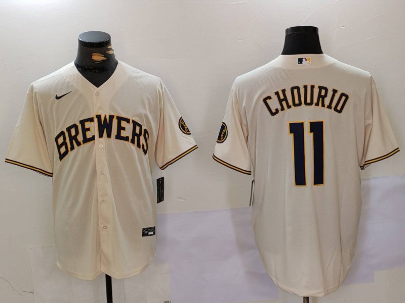 Men's Milwaukee Brewers Jackson Chourio #11 Cream Home Limited Player Jersey1 baseball jersey product view 1
