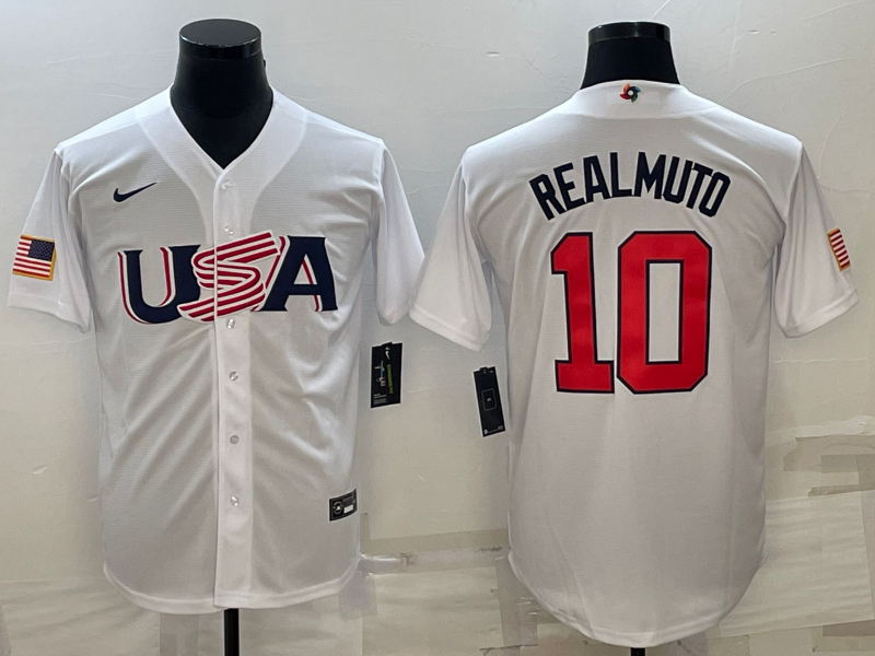 Men's 2023 World Baseball Classic #10 J. T. Realmuto USA White Jersey1 baseball jersey product view 1