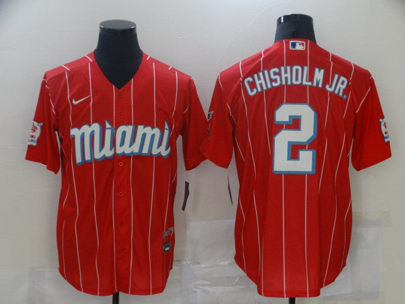Men's Miami Marlins Jazz Chisholm Jr. #2 Red Replica Baseball Jersey1 baseball jersey product view 1