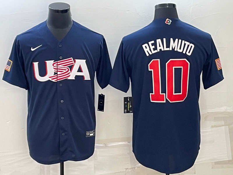 Men's 2023 World Baseball Classic #10 J. T. Realmuto USA Navy Jersey1 baseball jersey product view 1
