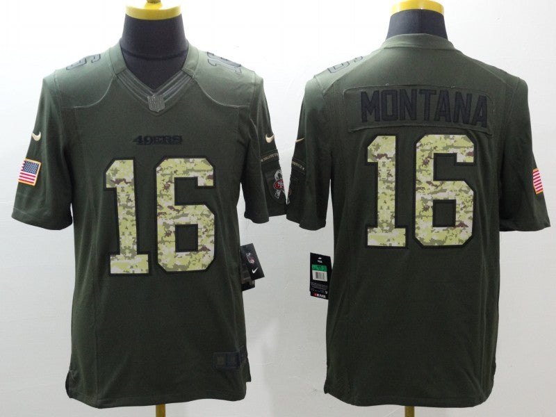 Men's San Francisco 49ers Joe Montana #16 Army Green Game Jersey1 football jersey product view 1