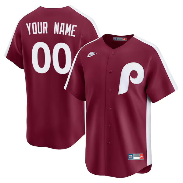 Custom Philadelphia Phillies Cooperstown Throwback Jersey – Burgundy baseball jersey product view 1