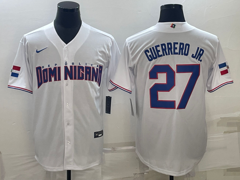 Men's 2023 World Baseball Classic #27 Vladimir Guerrero Jr. Dominican Republic White Jersey1 baseball jersey product view 1