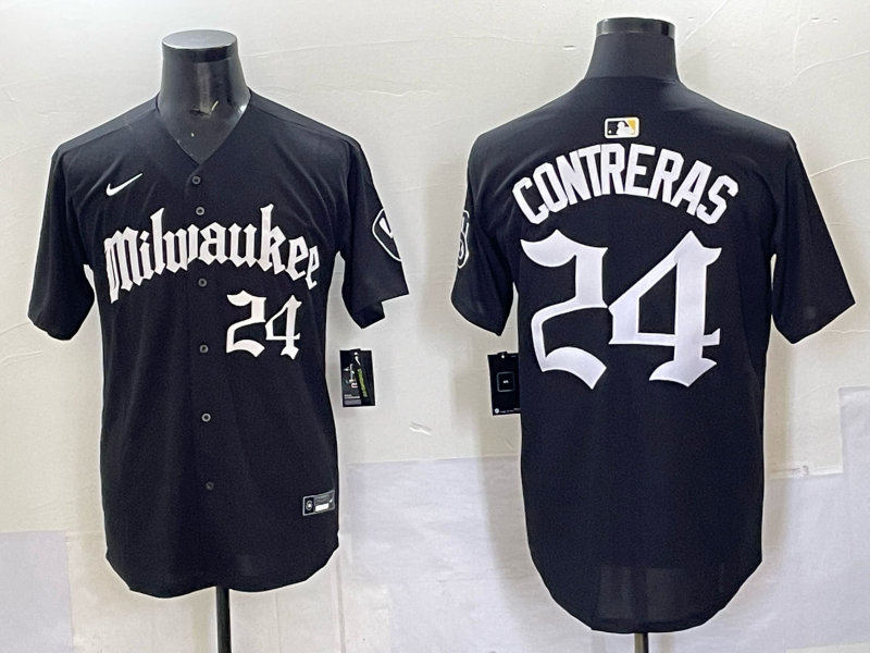 Men's Milwaukee Brewers William Contreras #24 Black Replica Player Jersey baseball jersey product view 1