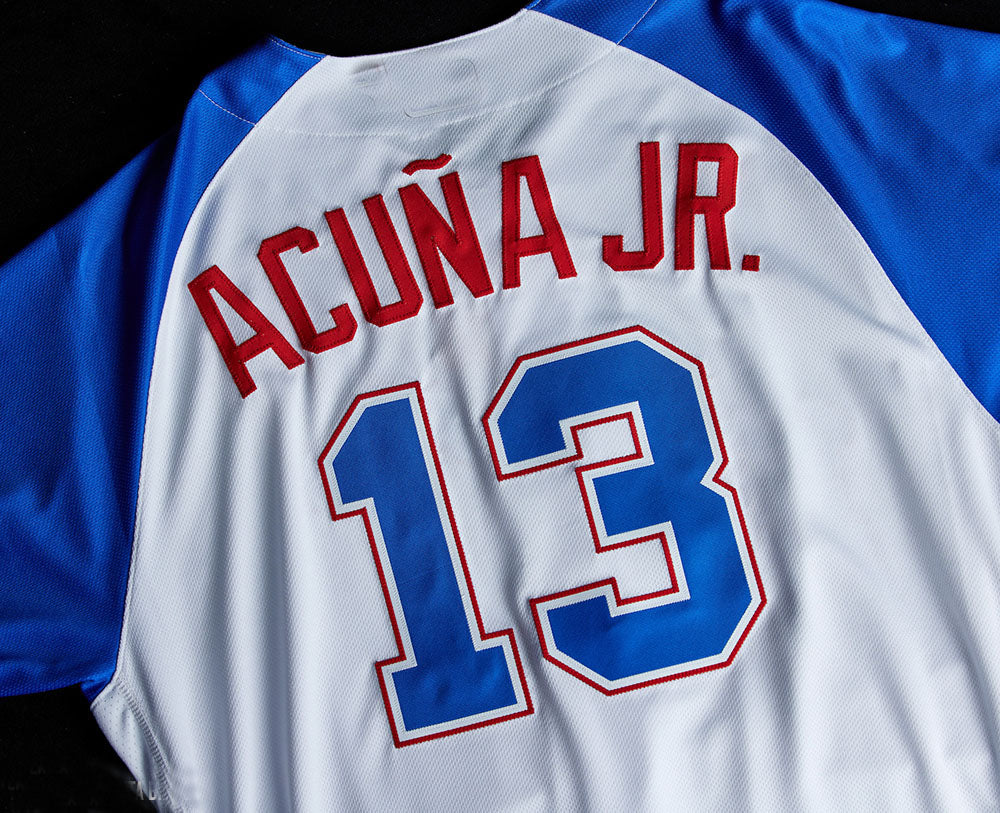 Atlanta Braves #13 Ronald Acuna Jr. WHITE Navy Alternate Authentic Player Jersey Stitches Baseball Jerseys baseball jersey product view 1