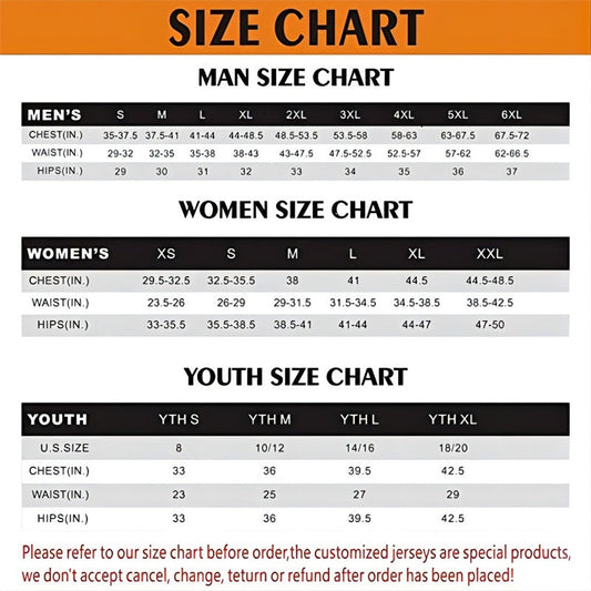 Baseball and basketball jersey size chart