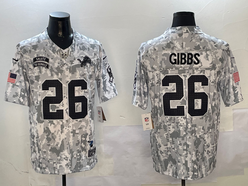 Men's Detroit Lions Jahmyr Gibbs #26 Arctic Camo 2024 Salute to Service Limited Jersey1 football jersey product view 1