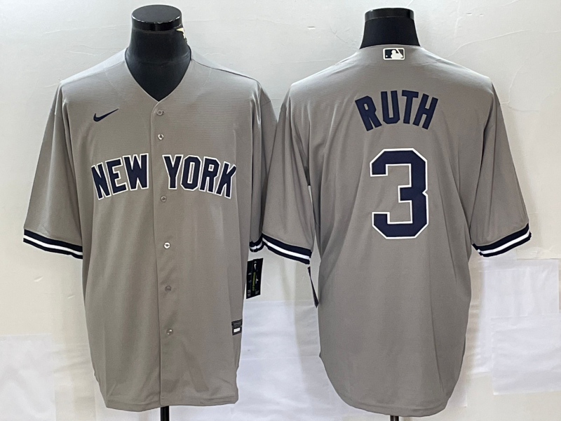 Men's New York Yankees Babe Ruth #3 Gray Replica Player Jersey1 baseball jersey product view 1