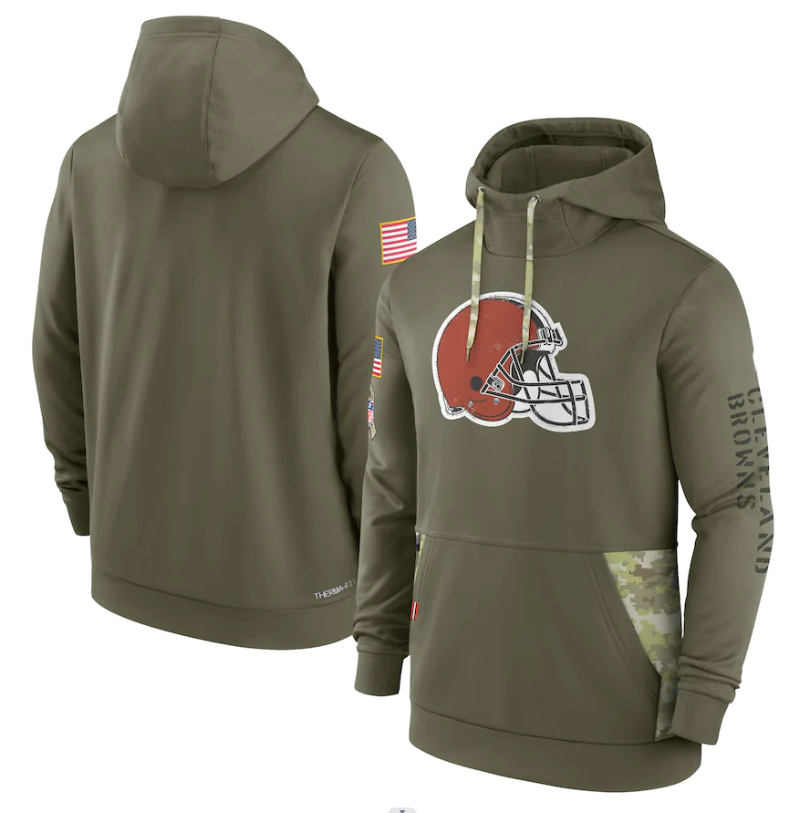 Men's Cleveland Browns Olive 2022 Salute to Service Therma Performance Pullover Hoodie1 football jersey product view 1