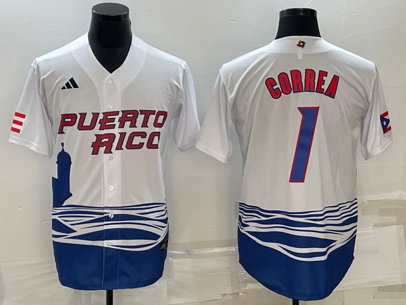 Men's 2023 World Baseball Classic #1 Carlos Correa Puerto Rico White Jersey1 baseball jersey product view 1
