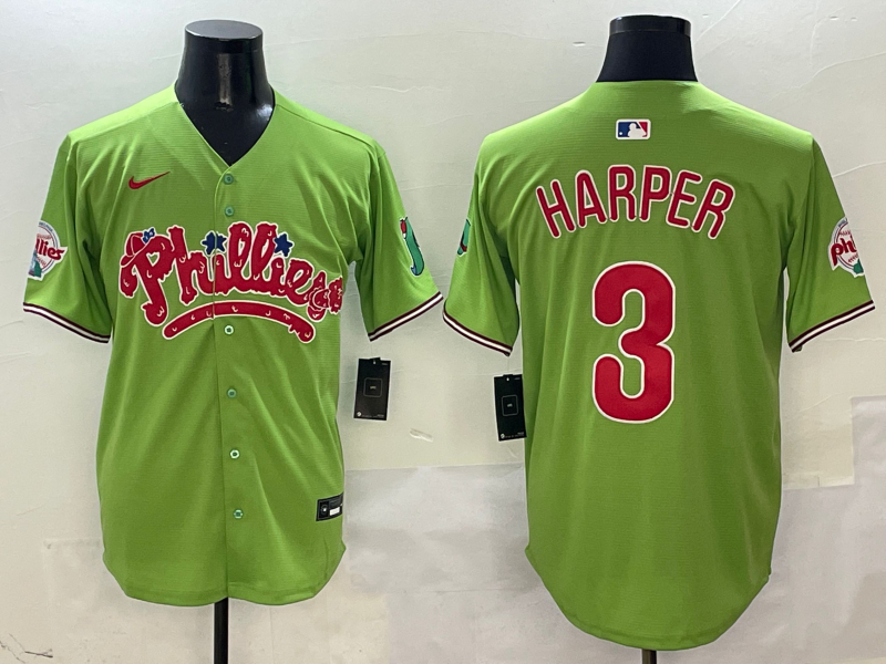 Men's Philadelphia Phillies Bryce Harper #3 Green Game Jersey baseball jersey product view 1