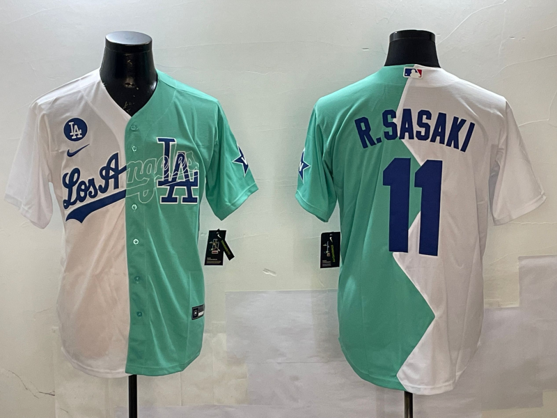 Men's Los Angeles Dodgers Roki Sasaki #11 White/Green Player Jersey1 baseball jersey product view 1