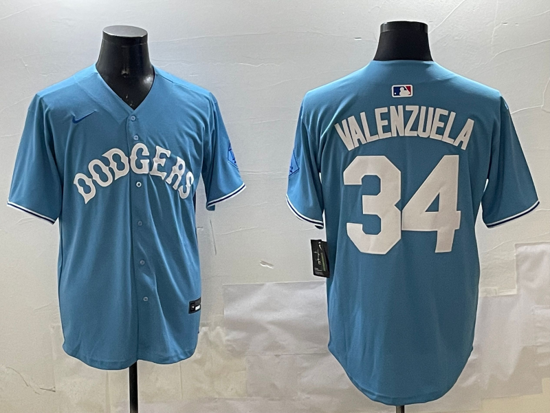 Men's Los Angeles Dodgers Fernando Valenzuela #34 Light Blue Limited Player Jersey1 baseball jersey product view 1