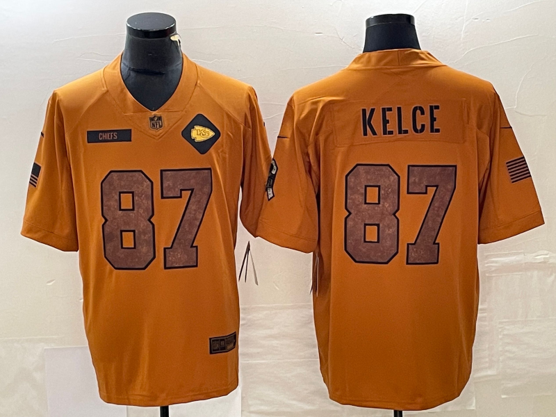 Men's Kansas City Chiefs Travis Kelce #87 Brown 2023 Salute To Service Retired Player Limited Jersey1 football jersey product view 1
